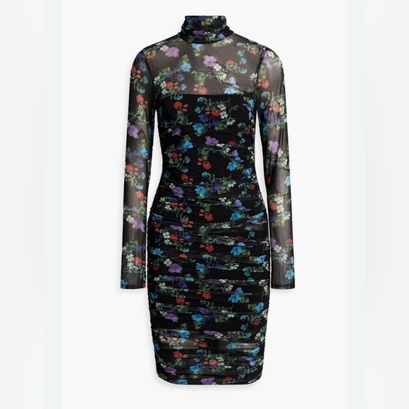 ALICE + OLIVIA DELORA RUCHED STRETCH MESH BLACK BODY-CON DRESS - Picture 1 of 9
